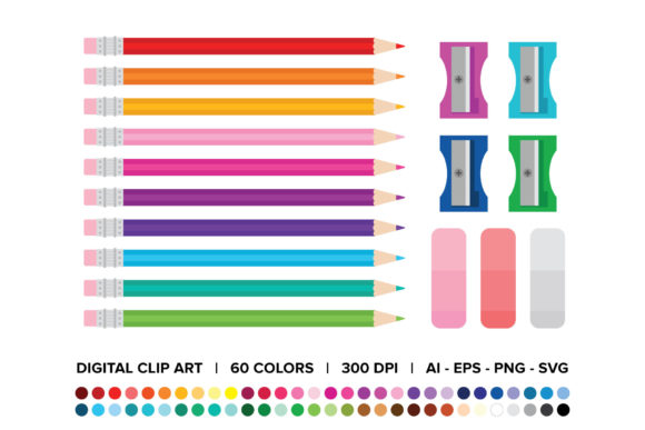 Evaluating Color Pencil, Sharpener, and Eraser Clip Art Assets for Design Projects
