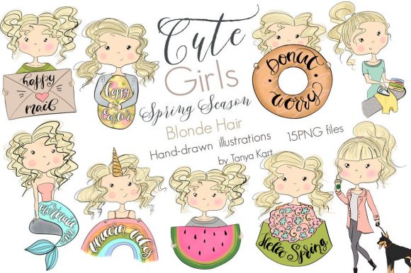 Evaluating the Cute Girls Blonde Hair Spring Season Illustration Set for Creative Projects
