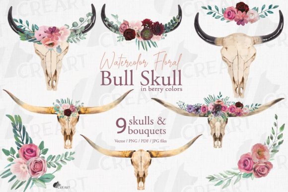 Vivid Floral Bull Skulls: Bold Art for Creators